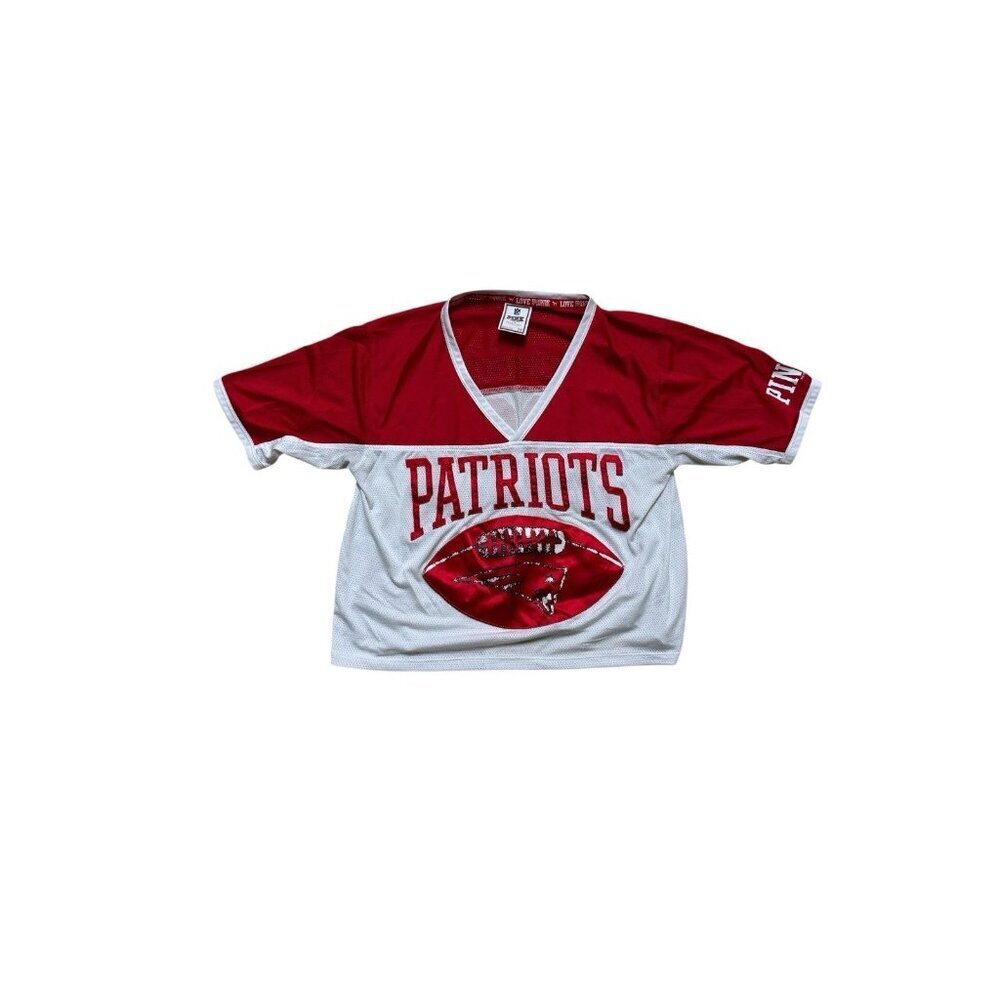 PINK Patriots Crop Jersey Top M Red White NFL Mesh V Neck Game Day